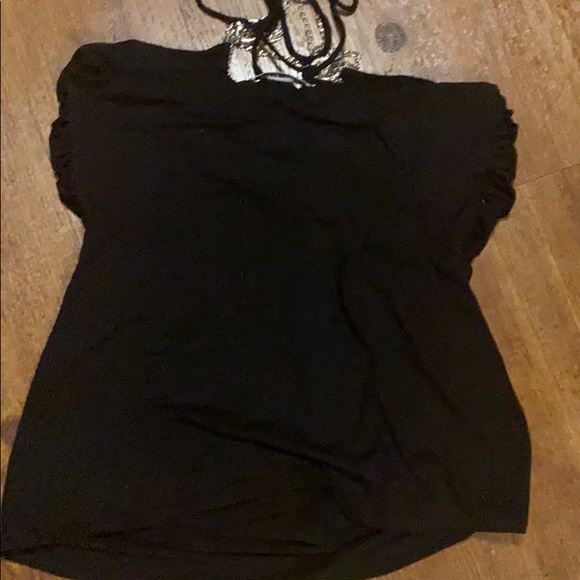 Black cotton halter with silver chains on neckline - Picture 3 of 3